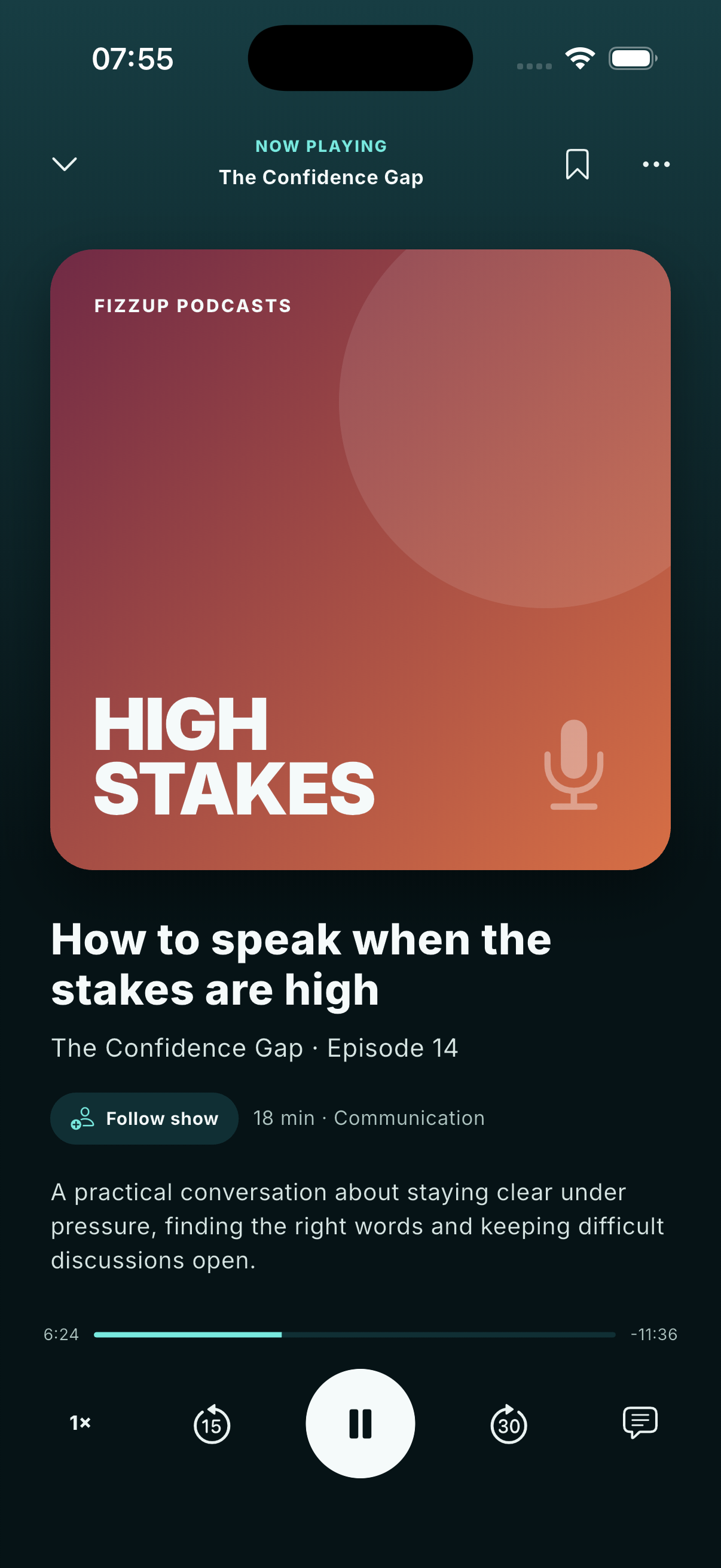 FizzUp podcast player with a direct route to speaking practice