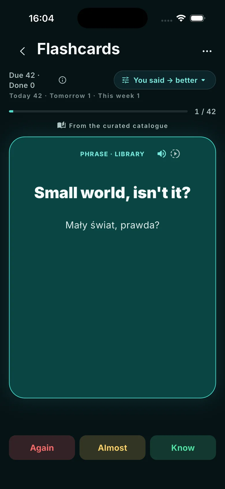 FizzUp flashcard review filtered to “You said → better”: the card “Small world, isn't it?” with its translation and the Again, Almost and Know buttons