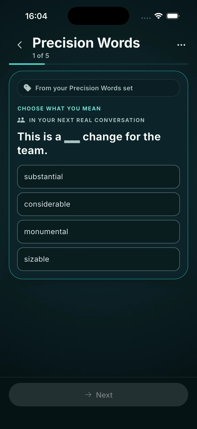 The FizzUp Precision Words exercise: choosing the word for “This is a ___ change for the team.”