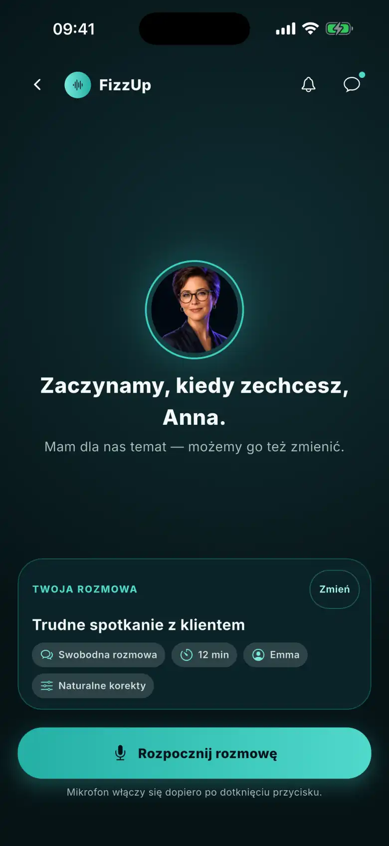 Ekran przed rozmową w FizzUp: Emma, coach AI, „Mam dla nas temat — możemy go też zmienić”, karta Trudne spotkanie z klientem i przycisk startu rozmowy