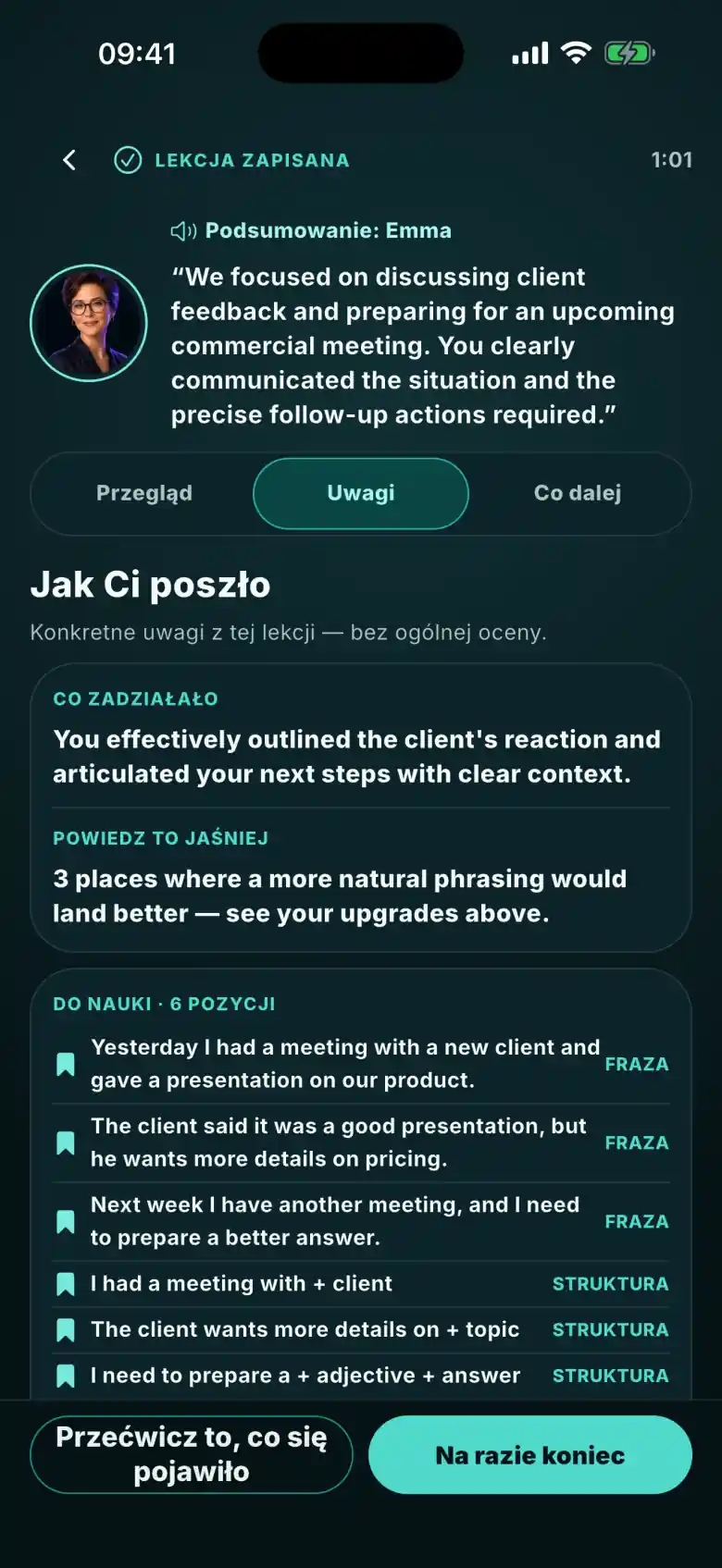 Uwagi w FizzUp po lekcji z Emmą: co zadziałało, jedna rzecz do powiedzenia jaśniej i sześć zwrotów z rozmowy do nauki