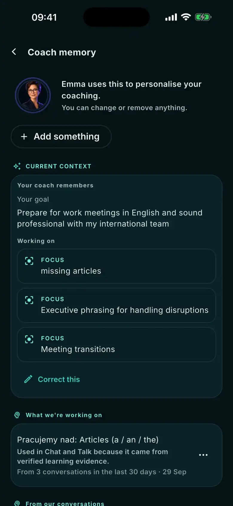 The FizzUp memory screen: “You can change or remove anything”, your goal, three things you’re working on, and where each item came from
