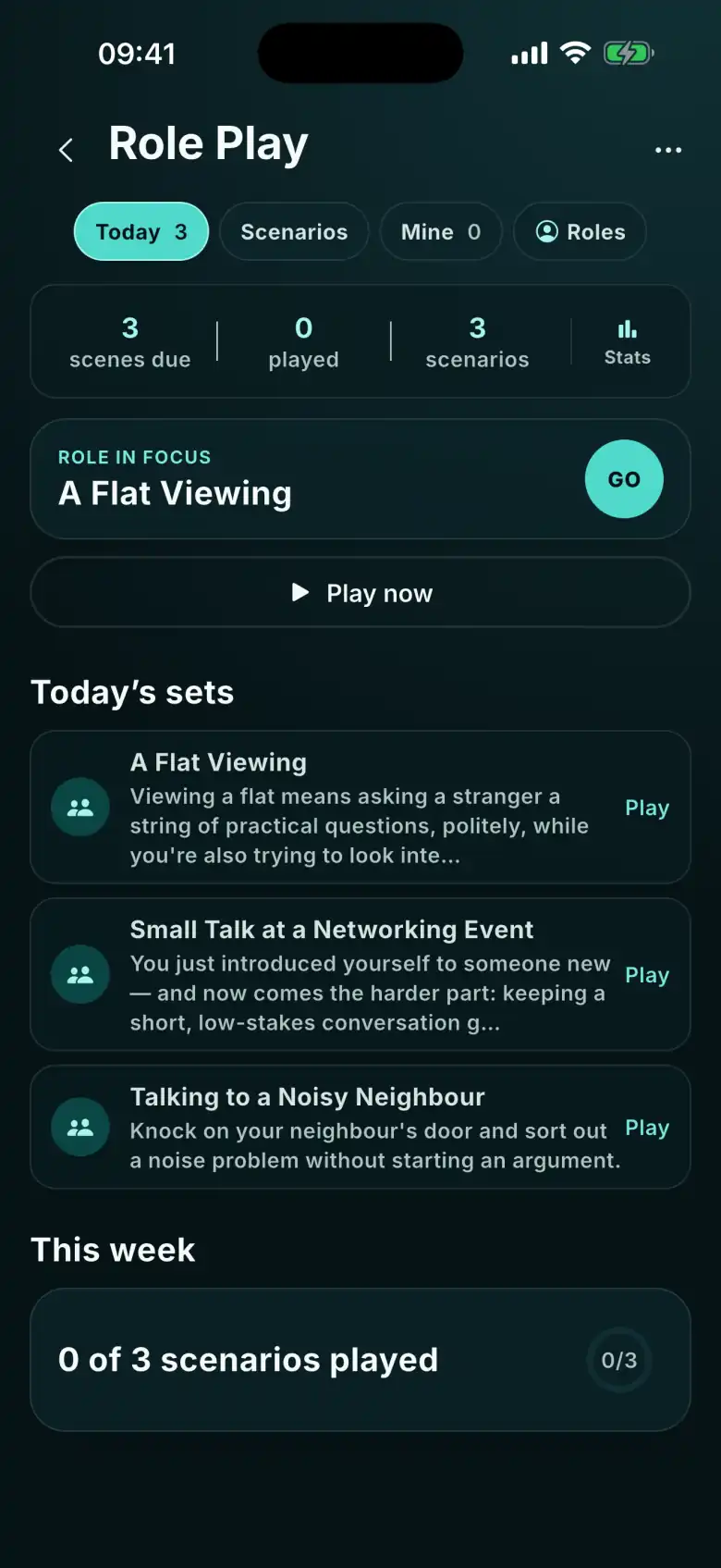 FizzUp Role Play: the Today, Scenarios, Mine and Roles tabs, the role in focus A Flat Viewing, a Play now button and today’s sets of scenes