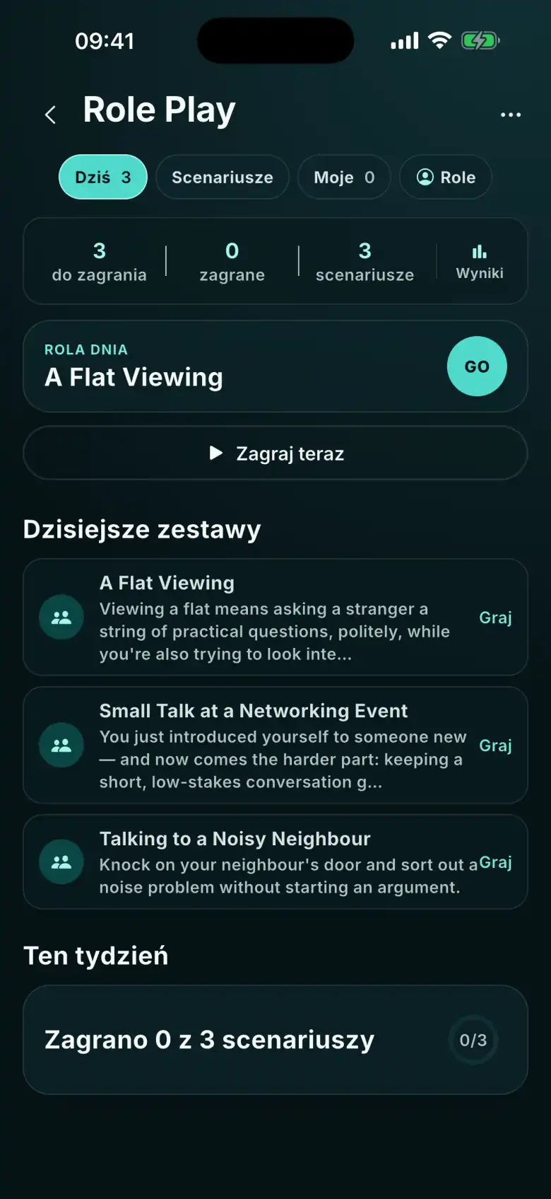 Role Play w FizzUp: zakładki Dziś, Scenariusze, Moje i Role, rola dnia A Flat Viewing, przycisk Zagraj teraz i dzisiejsze zestawy scen